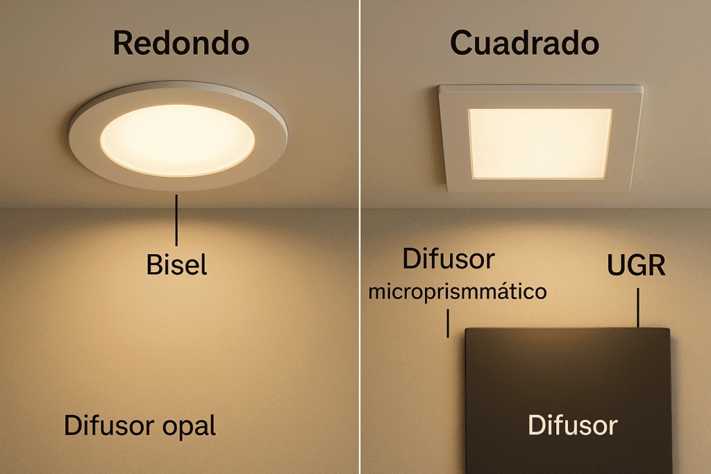 Aro y acabado redondocuadrado, bisel, difusor y UGR (en simple)