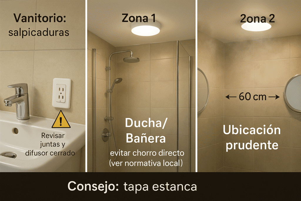 En baños, el riesgo no es solo el agua: el vapor y la condensación entran por juntas mal cerradas y hacen disparar el diferencial. Mi criterio práctico: