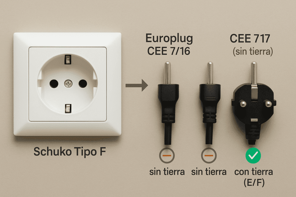 Comparativa real de compatibilidad: base Schuko Tipo F junto a tres clavijas — Europlug CEE 7/16 (sin tierra), CEE 7/17 (sin tierra) y CEE 7/7 híbrida E/F (con tierra).