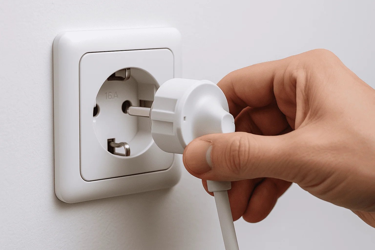 Primer plano de toma Schuko Tipo F (16 A) con mano insertando clavija CEE 7/7; se aprecian los clips laterales de tierra en la base, pared interior blanca.