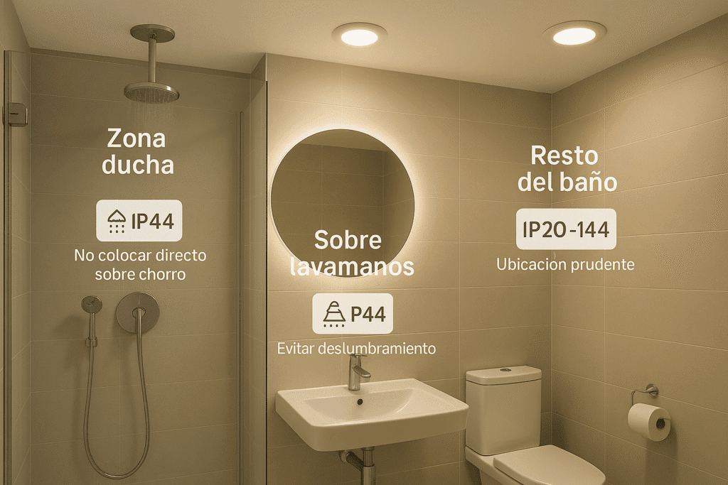IP y baño zonas, salpicaduras y ubicación prudente