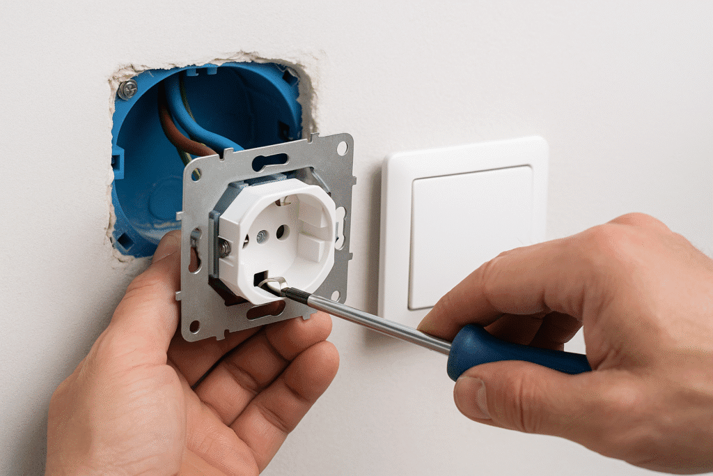 Manos de un técnico instalando una base Schuko Tipo F (16 A, CEE 7/3) en una caja empotrada 2×4; se aprecian conductores marrón (fase), azul (neutro) y verde‑amarillo (tierra) correctamente borneados, el bastidor metálico alineado y la placa blanca lista para colocar.