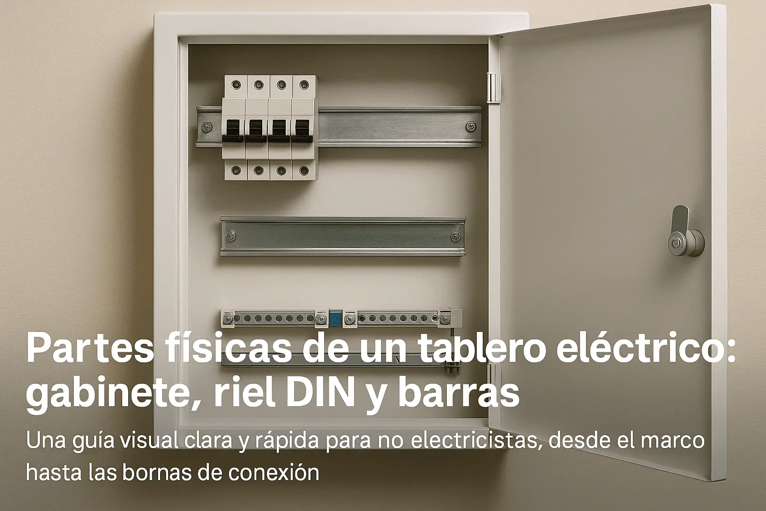 Partes físicas de un tablero eléctrico gabinete, riel DIN y barras