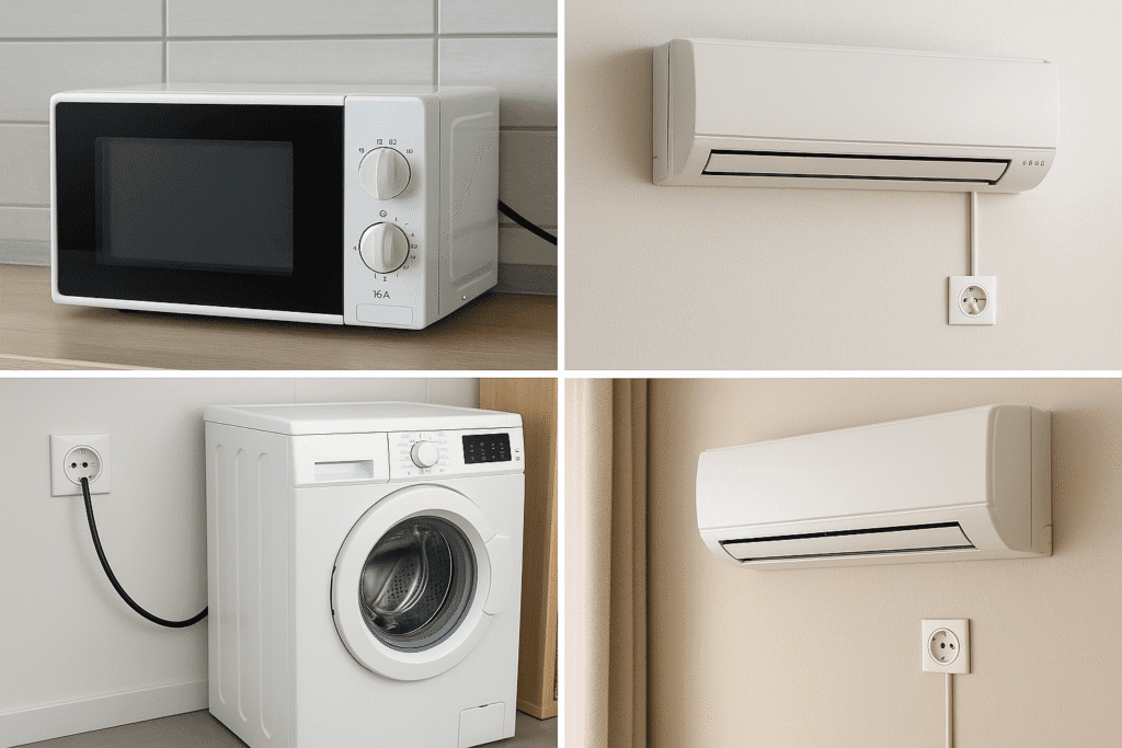 Collage realista con tres casos de uso de Schuko en casa: 1) encimera de cocina con microondas enchufado a toma Schuko 16 A; 2) lavadero con lavadora conectada a una toma Schuko accesible y bien instalada; 3) dormitorio/sala con aire acondicionado de pared tipo ventana enchufable a toma Schuko exclusiva.