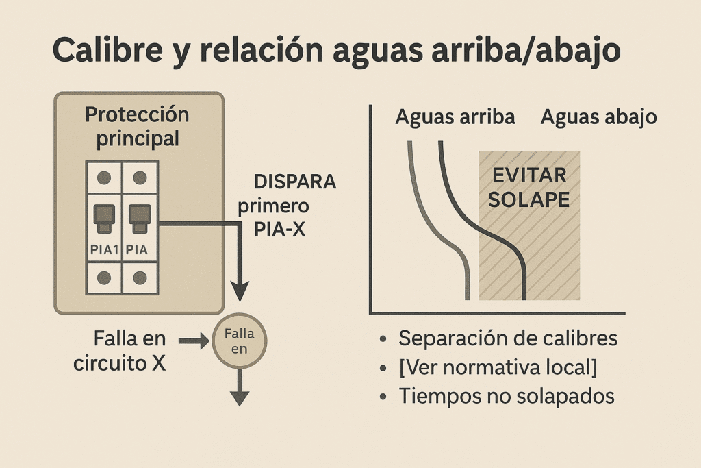 Panel doméstico con PIAs y gráfico de coordinación que indica “evitar solape” entre dispositivos aguas arriba y abajo.