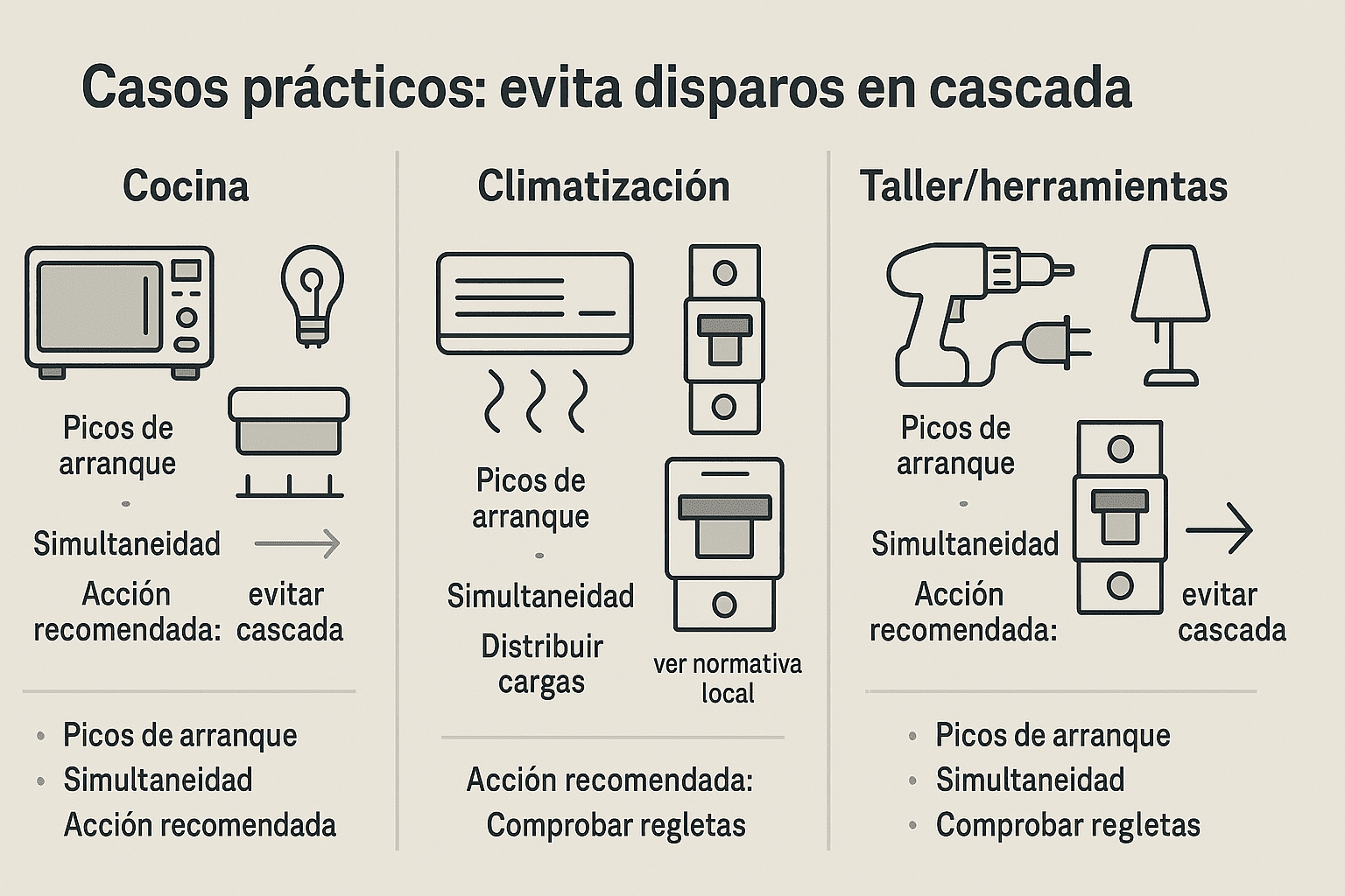 Tres columnas con escenarios de cocina, climatización y taller; recomendaciones para evitar disparos en cascada.