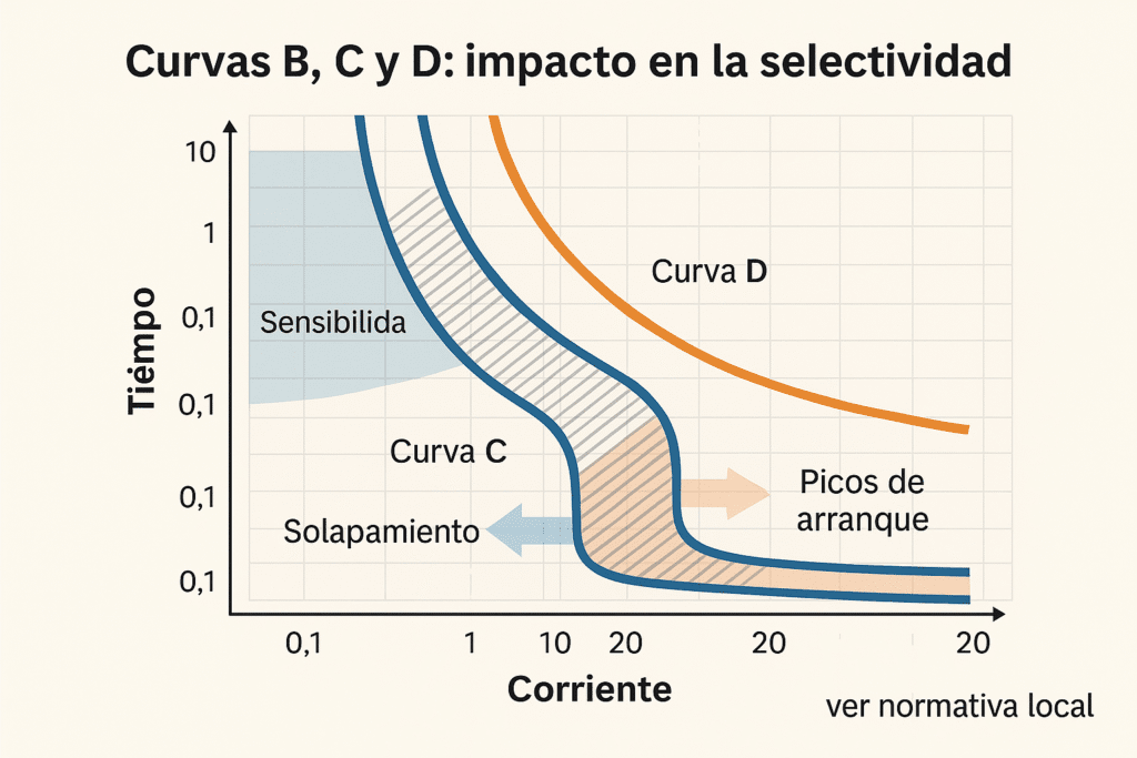 Gráfico tiempo-corriente con curvas B, C y D; se destaca la zona de solapamiento y los picos de arranque.