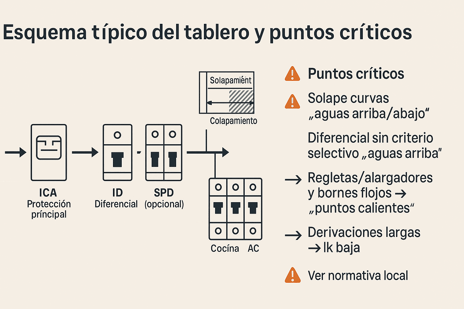 Diagrama del tablero doméstico con contador/ICP, protección principal, diferencial, SPD y PIAs, más lista de puntos críticos.