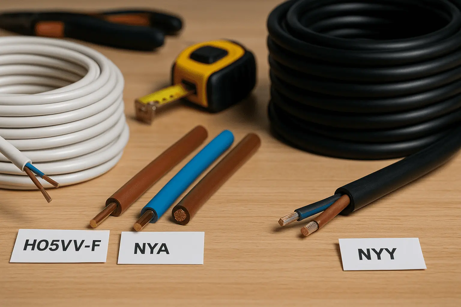 cables H05VV-F, H07RN-F, NYA, NYAF y NYY en portapapeles, con materiales, tensión y usos domésticos.