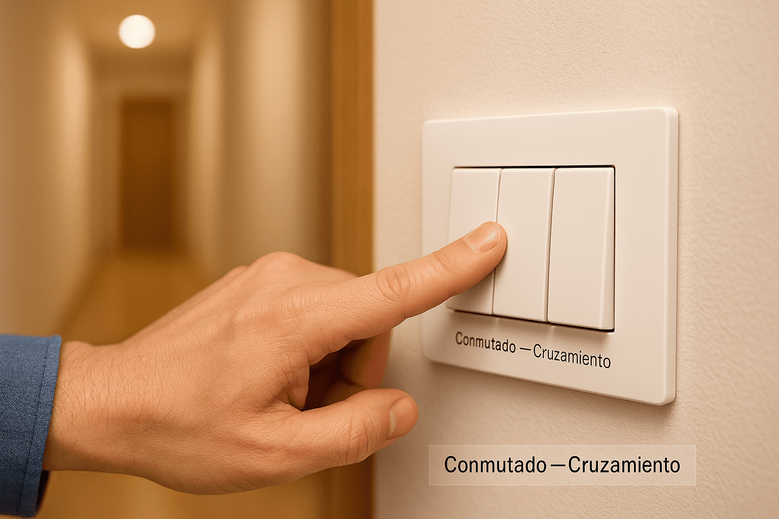 Mano accionando el interruptor central en un pasillo con tres teclas (conmutado–cruzamiento–conmutado), ejemplo real de control de una luz desde varios puntos