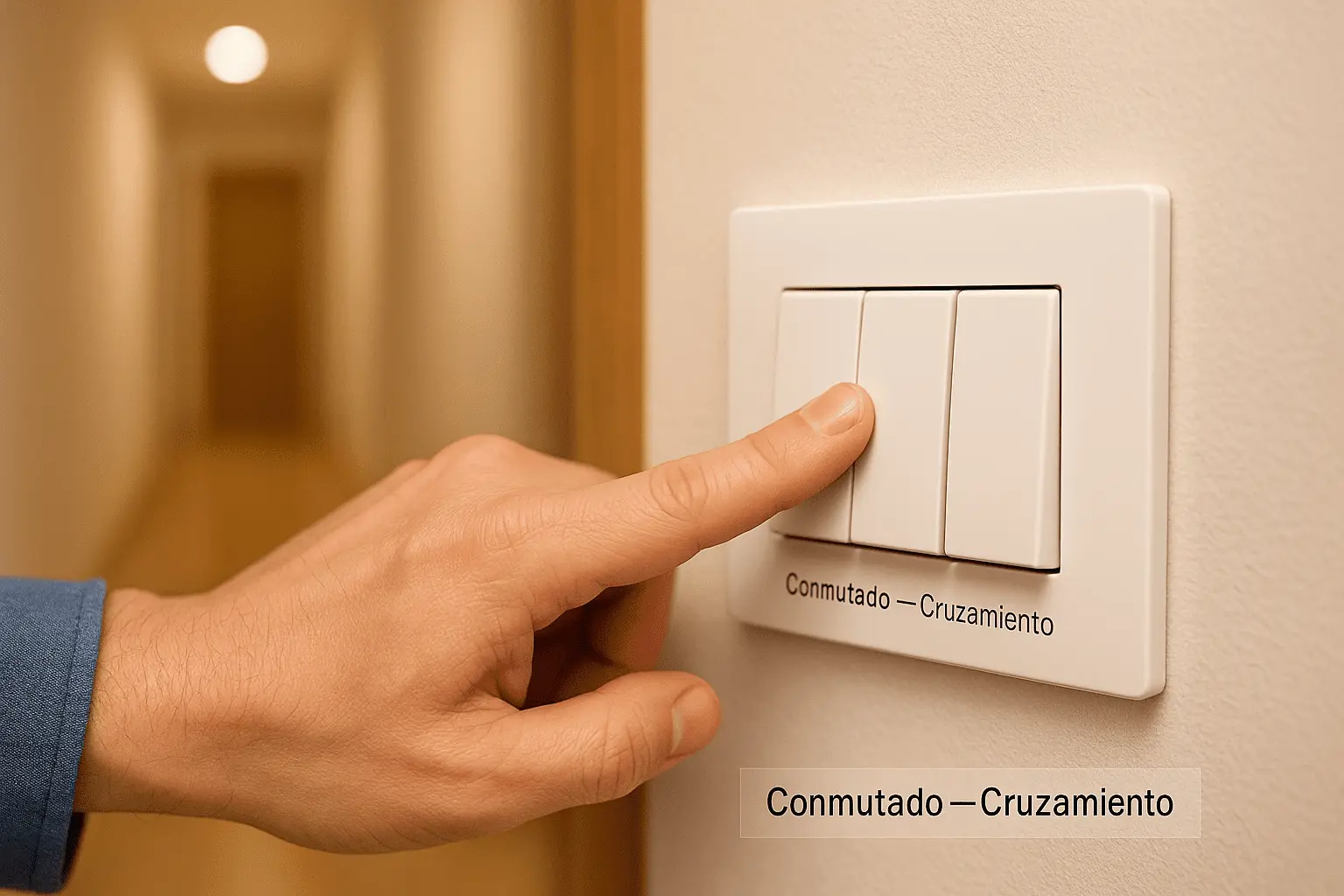 Mano accionando el interruptor central en un pasillo con tres teclas (conmutado–cruzamiento–conmutado), ejemplo real de control de una luz desde varios puntos