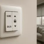 Interruptor de persiana con doble inversión e interbloqueo (SUBE/BAJA) en un living con roller.