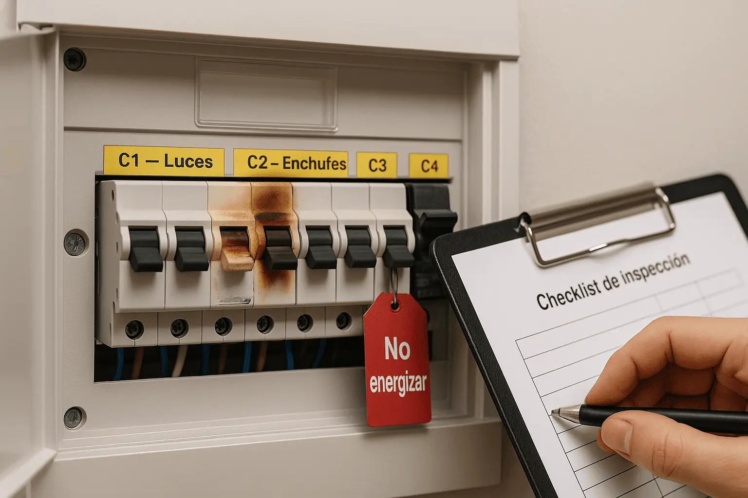 Panel eléctrico residencial abierto con varios magnetotérmicos; uno muestra decoloración en la carcasa y etiqueta dañada, señalado por una mano con guante.