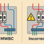 Panel con dos diagramas: a la izquierda un MWBC correcto con dos fases y un neutro común; a la derecha una conexión incorrecta con neutro compartido, señal de advertencia y riesgo de sobrecarga.