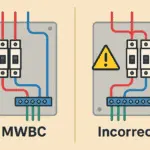 Panel con dos diagramas: a la izquierda un MWBC correcto con dos fases y un neutro común; a la derecha una conexión incorrecta con neutro compartido, señal de advertencia y riesgo de sobrecarga.