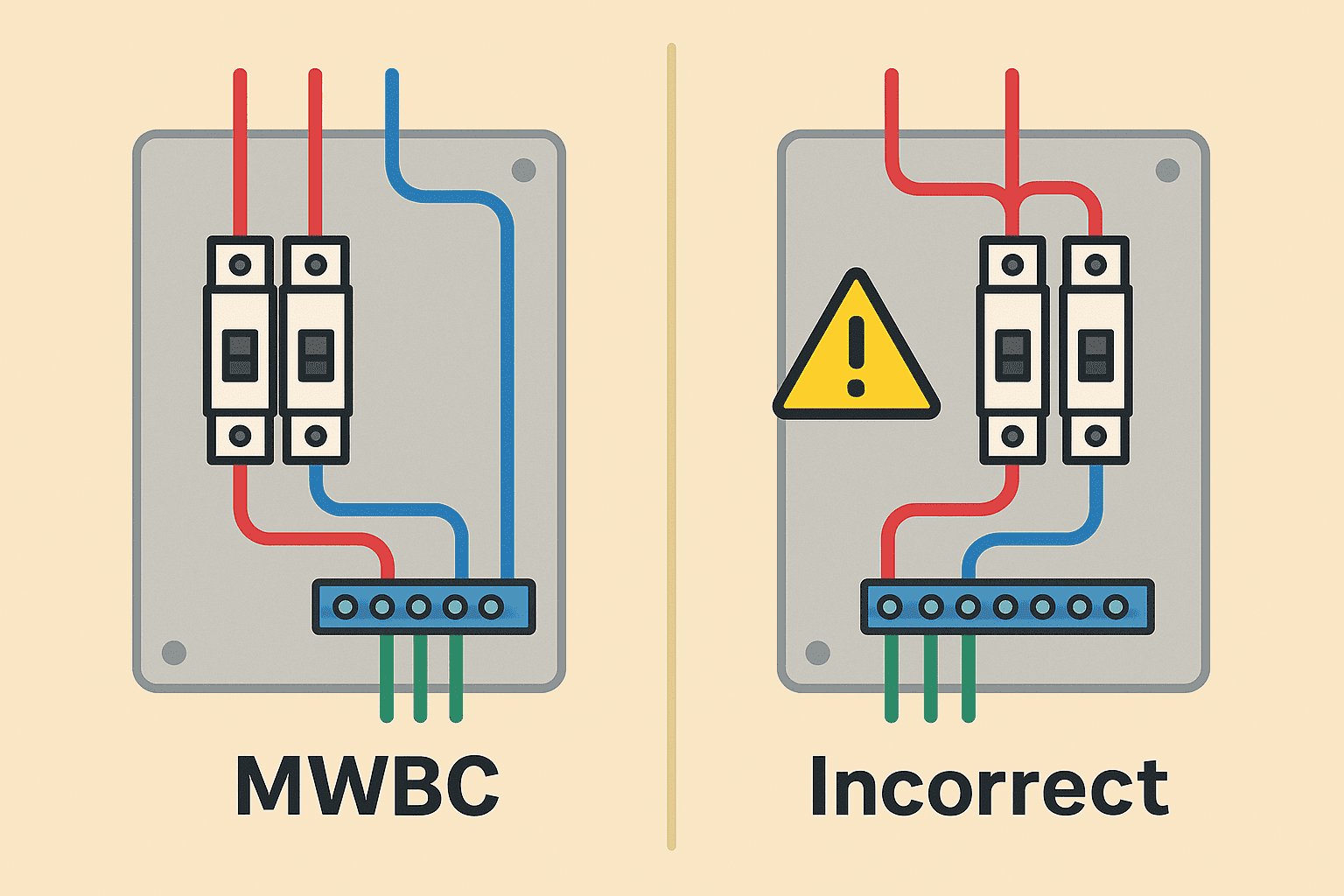 Panel con dos diagramas: a la izquierda un MWBC correcto con dos fases y un neutro común; a la derecha una conexión incorrecta con neutro compartido, señal de advertencia y riesgo de sobrecarga.