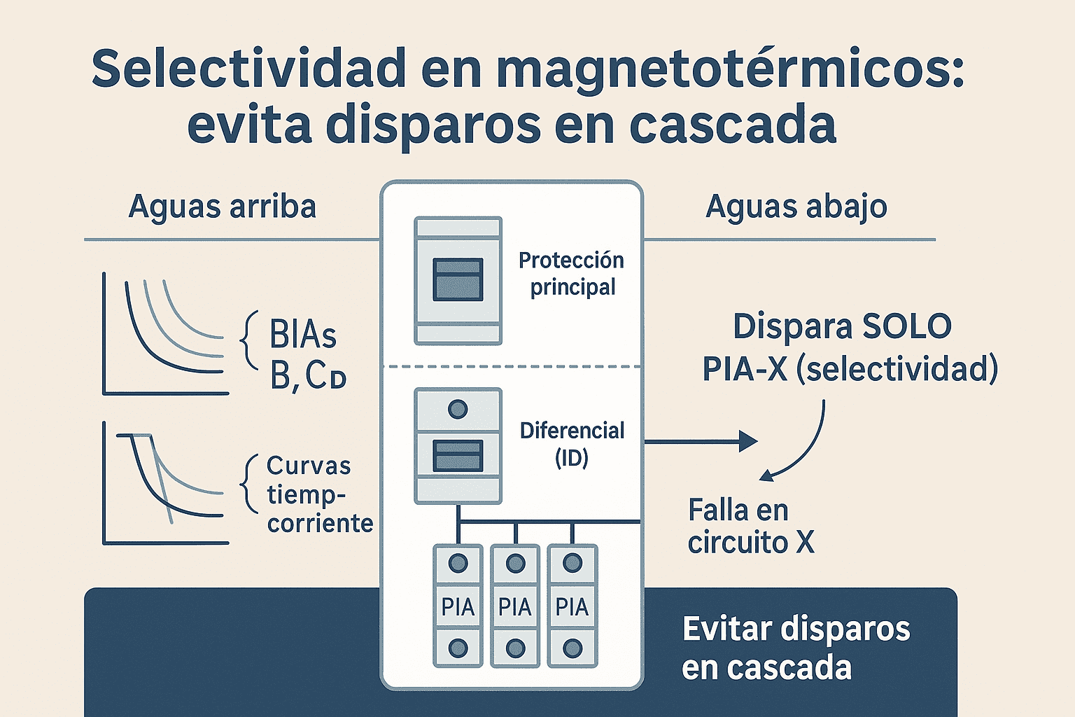 Infografía de selectividad en magnetotérmicos: tablero doméstico con protección principal, diferencial y PIAs; dispara solo el circuito afectado.