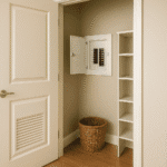 Clóset abierto con tablero eléctrico empotrado en la pared, tapa abierta, estantes vacíos y canasto; acceso libre y ventilación básica.