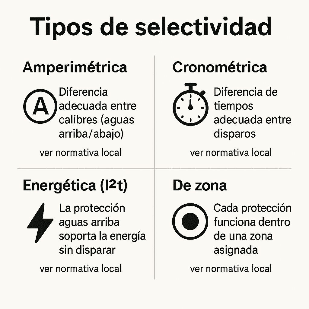 Infografía con cuatro tipos de selectividad: amperimétrica, cronométrica, energética (I²t) y de zona, con iconos y nota “ver normativa local”.