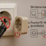 Primer plano de un tomacorriente de pared estilo europeo con clavija de dos patas (sin conexión a tierra visible), ilustrando el riesgo de adaptar 2 a 3 patas y “tierras falsas”