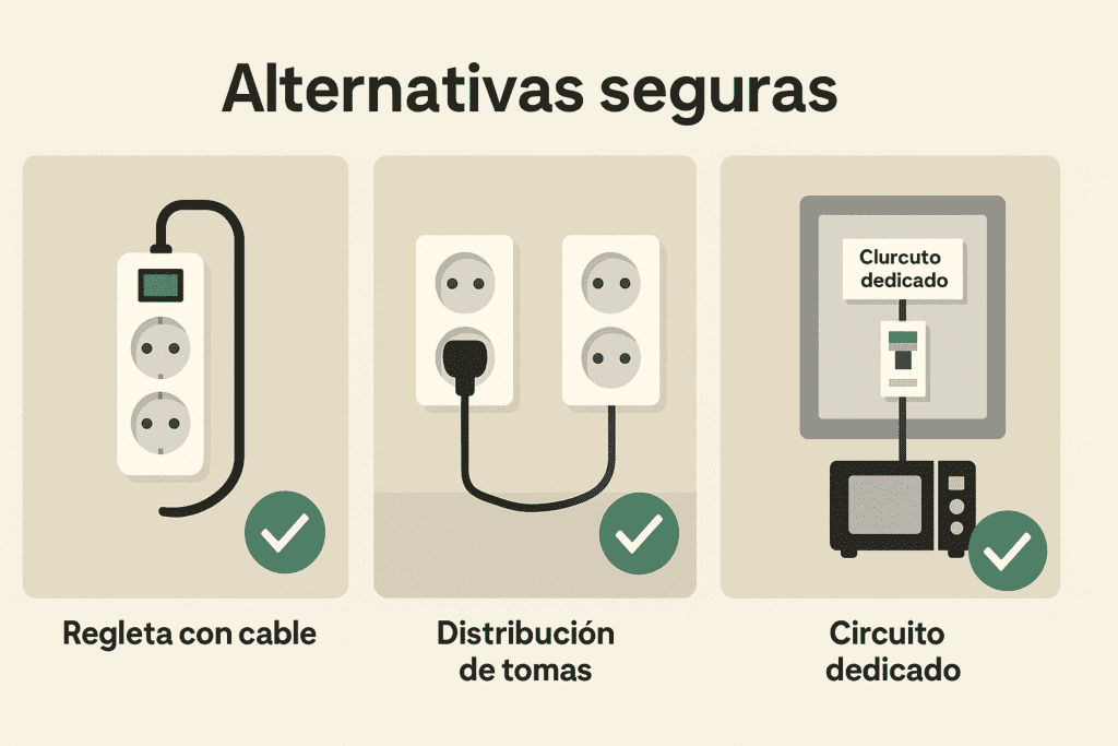Infografía “Alternativas seguras” con tres paneles: regleta con cable, distribución de tomas en dos enchufes de pared y circuito dedicado desde el tablero; cada opción con check verde.