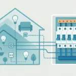 Esquema de vivienda con tablero eléctrico y circuitos repartidos por zonas (iluminación, tomas y dedicados) para evitar sobrecargas.