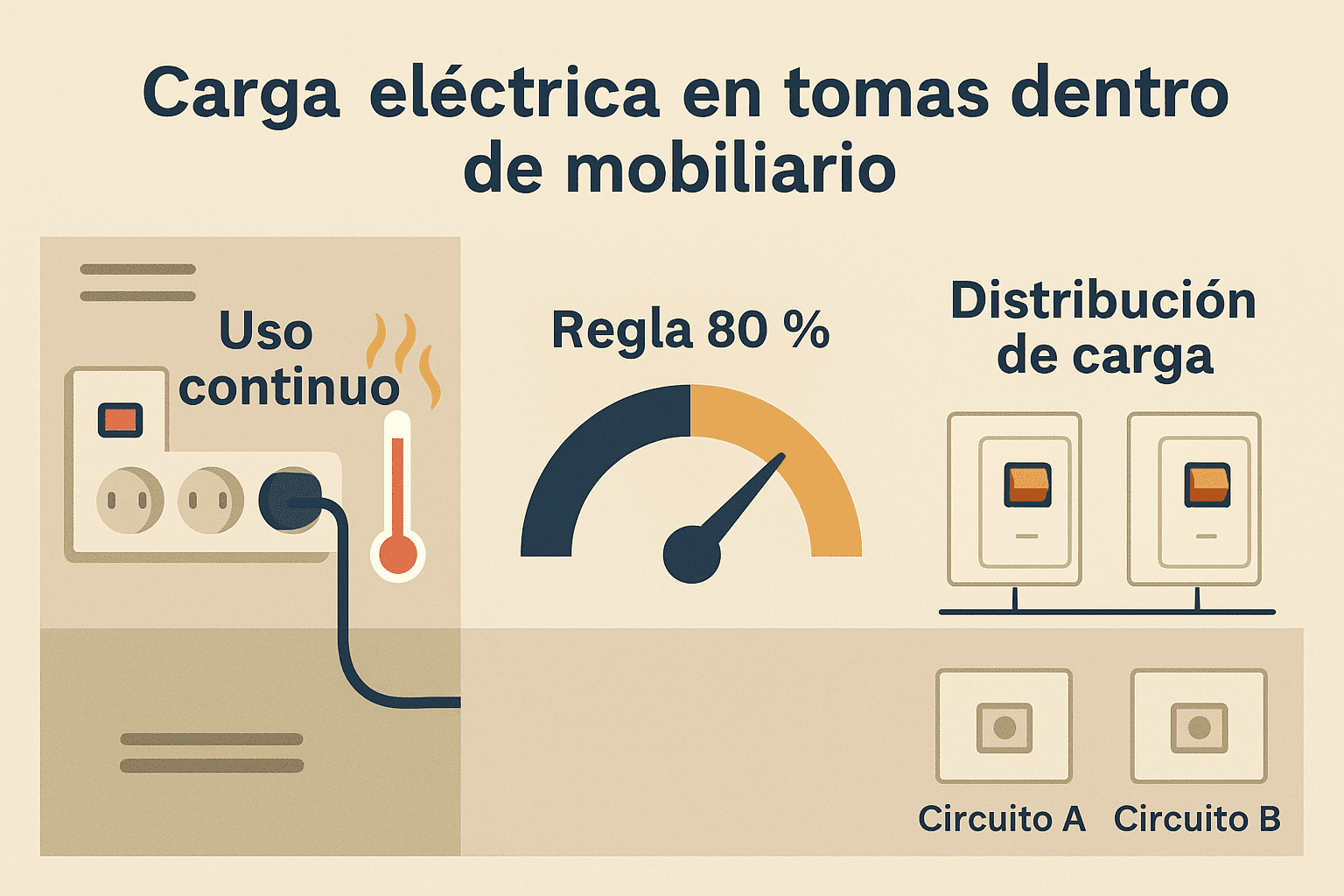 Infografía horizontal con tres bloques: “Uso continuo” con termómetro/calor, “Regla 80 %” con indicador semicircular y “Distribución de carga” entre dos circuitos (A y B).