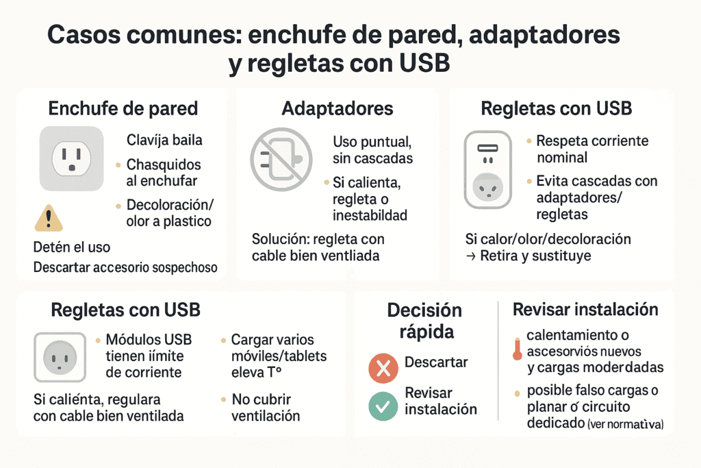 Infografía en español con pautas de seguridad para enchufe de pared, adaptadores, regletas con USB y smart plugs; señales de holgura, calor, decoloración u olor, y decisión de descartar el accesorio o revisar la instalación