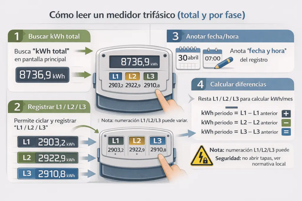 Infografía que muestra lectura de medidor trifásico: kWh total y lecturas por fase L1, L2 y L3 con ejemplo de cálculo mensual.