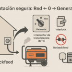 Diagrama de conmutación segura entre red y generador doméstico: casa con inlet exterior, generador portátil y opciones MTS, interlock y ATS; mensaje “No backfeed”.