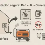 Diagrama de conmutación segura entre red y generador doméstico: casa con inlet exterior, generador portátil y opciones MTS, interlock y ATS; mensaje “No backfeed”.