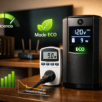 UPS doméstico con pantalla LCD en escritorio y medidor de enchufe mostrando watts; concepto de consumo en reposo y modo eco.