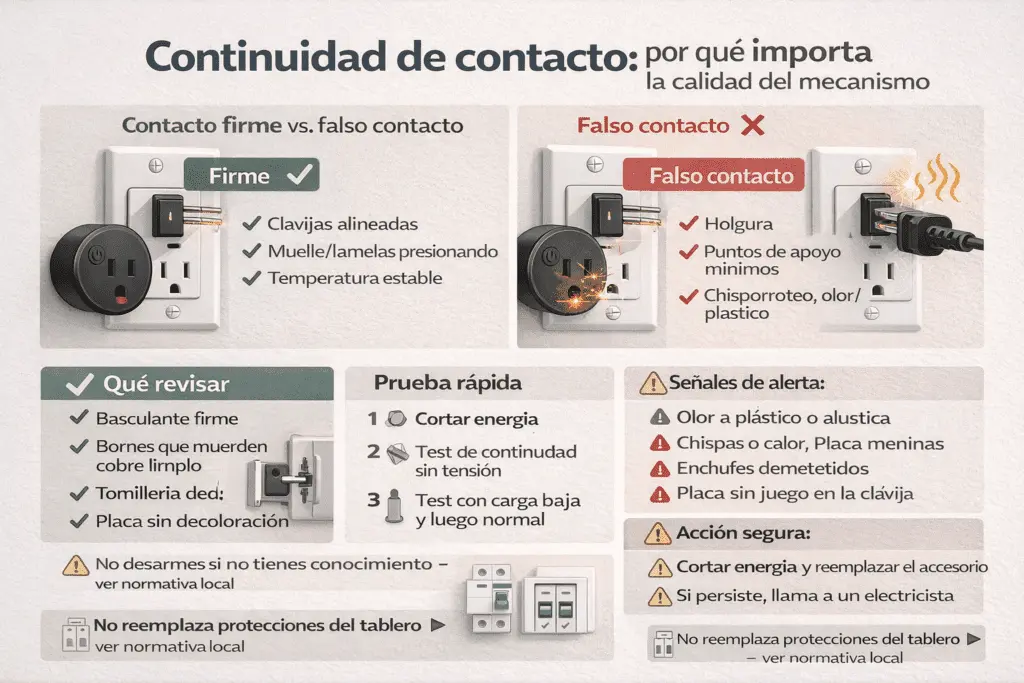 Infografía sobre continuidad de contacto en enchufes: contacto firme vs. falso contacto, señales de calor/chisporroteo y pasos de revisión segura.