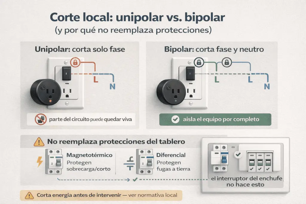 Infografía que compara corte local unipolar vs. bipolar en enchufes con interruptor: el unipolar corta solo fase, el bipolar corta fase y neutro; no sustituye magnetotérmico ni diferencial.