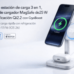 Portada promocional de estación de carga magnética ESR 3-en-1 (iPhone + Apple Watch + audífonos), 25 W Qi2.2 con CryoBoost, soporte elevado y ventilación activa.