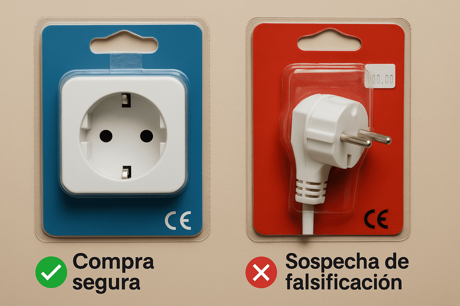Comparativa de embalajes de enchufes: a la izquierda “compra segura” con marcado CE nítido; a la derecha “sospecha de falsificación” con packaging pobre y sello dudoso.
