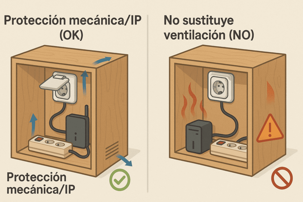 Comparativa horizontal de enchufe con tapa: panel izquierdo con ventilación correcta; panel derecho sin ventilación y calor acumulado.