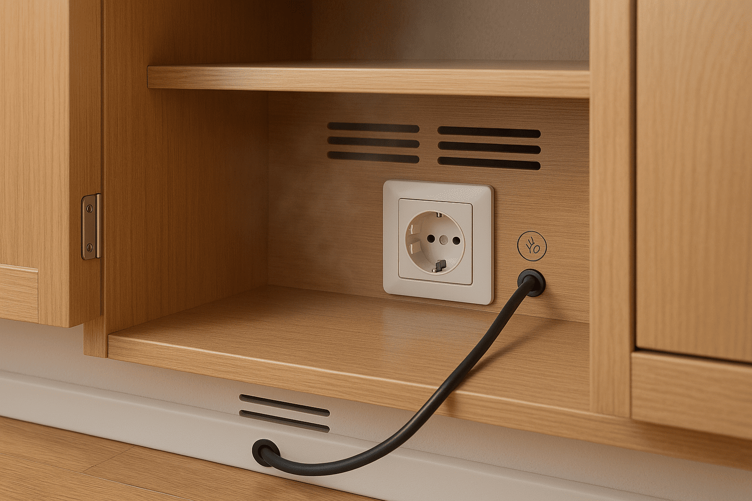 Enchufe empotrado dentro de un mueble de madera con ranuras de ventilación y pasacables en el zócalo por donde entra un cable negro.