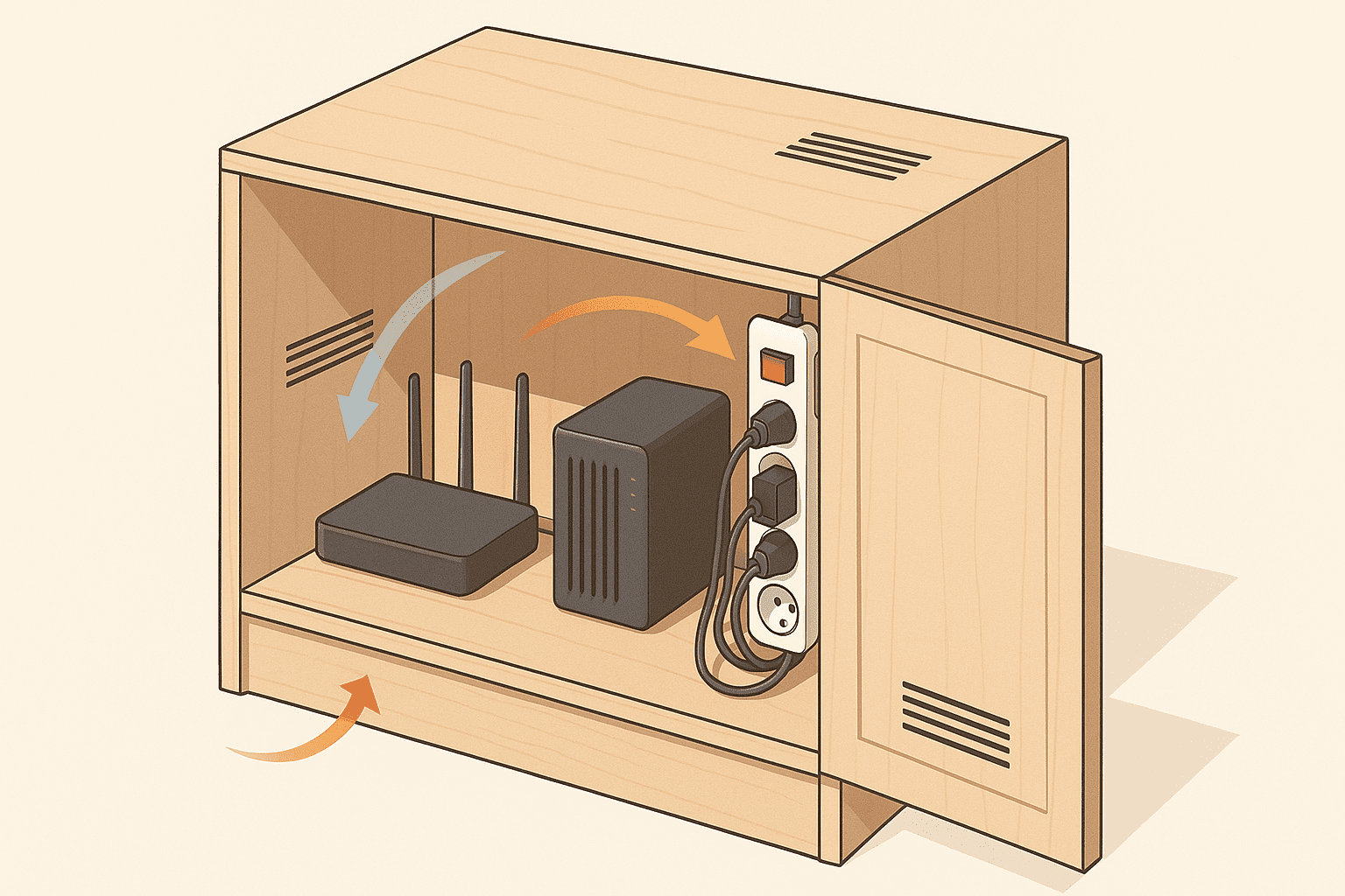 Ilustración isométrica de un mueble de madera con regleta lateral con interruptor, router y NAS; flechas indican ventilación: entrada baja y salida alta.