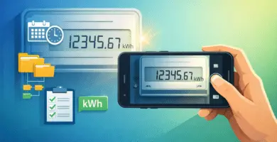 Persona fotografiando un medidor eléctrico con el móvil; lectura “12345,67 kWh” visible en pantalla, con iconos de calendario, carpetas y checklist.