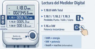 Infografía del medidor digital residencial con display y códigos: 1.18.0 kWh total, 1.18.1/1.18.2/1.18.3 por periodos, 1.16.x kW (potencia) y 1.58.x kvarh, con indicaciones de scroll automático y botón de navegación.