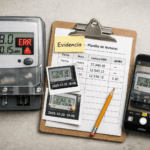 Medidor eléctrico digital en primer plano con pantalla LCD, junto a un portapapeles con checklist y lápiz; idea de evidencia fotográfica y registro.