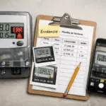 Medidor eléctrico digital en primer plano con pantalla LCD, junto a un portapapeles con checklist y lápiz; idea de evidencia fotográfica y registro.