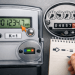 Medidor eléctrico digital (kWh) en primer plano con decimal visible y ceros a la izquierda; ejemplo de multiplicador K solo si aplica.