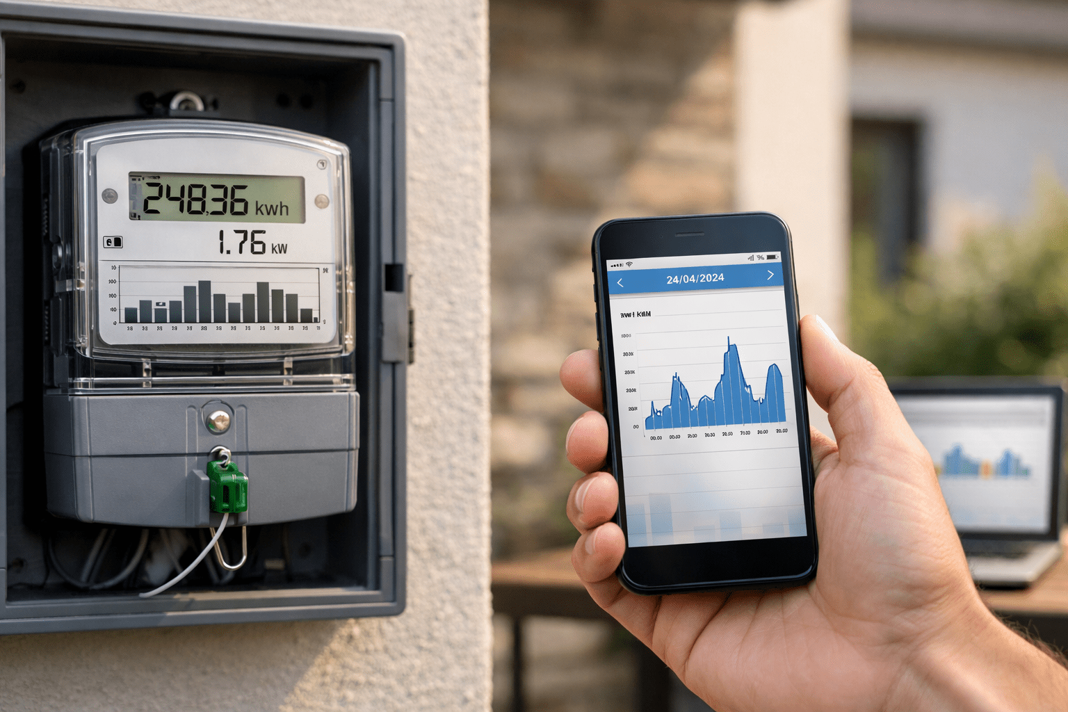 Medidor eléctrico inteligente instalado en el exterior de una vivienda, en caja transparente sellada, preparado para telemedición AMI/AMM.