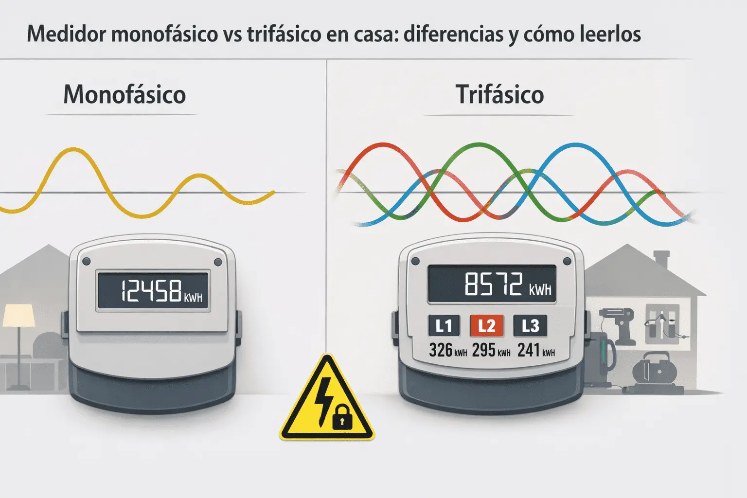 Ilustración comparativa de medidor monofásico y trifásico con kWh total y lecturas por fase (L1, L2, L3) para uso doméstico.