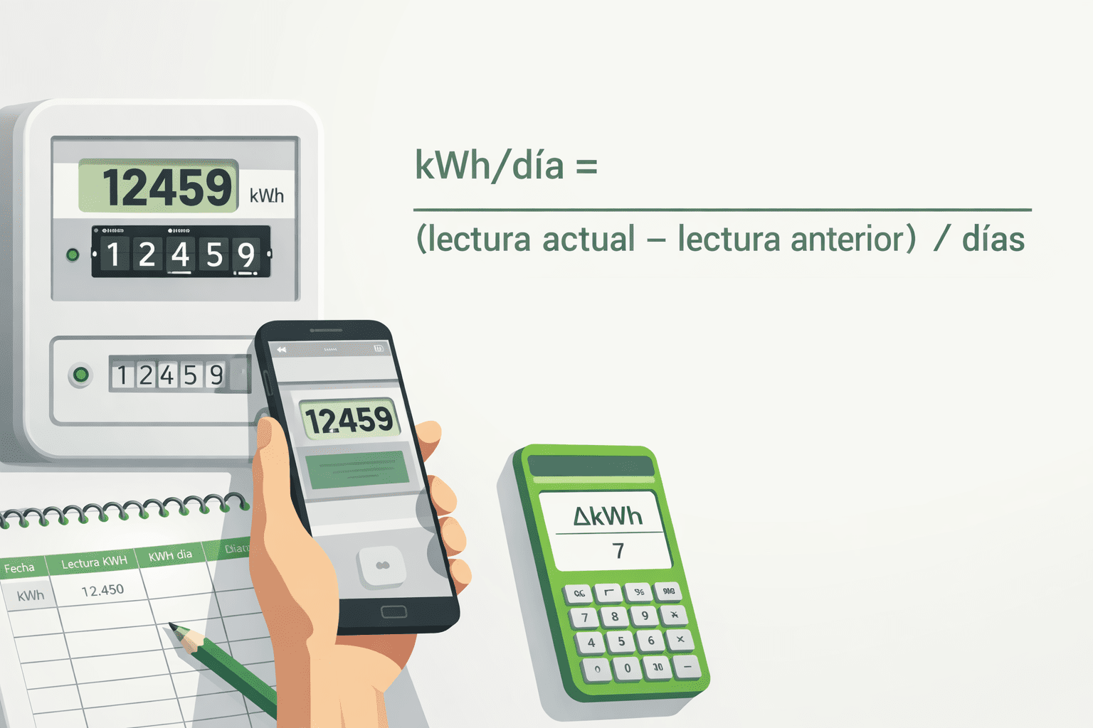 Medidor de luz con lectura kWh, móvil registrando la lectura y fórmula kWh/día (lectura actual − lectura anterior) ÷ días.