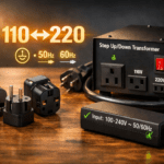 Adaptadores de enchufe y transformador 110↔220 V sobre mesa, con iconos 50/60 Hz y tierra; guía de uso seguro y compatibilidad.