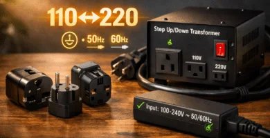 Adaptadores de enchufe y transformador 110↔220 V sobre mesa, con iconos 50/60 Hz y tierra; guía de uso seguro y compatibilidad.