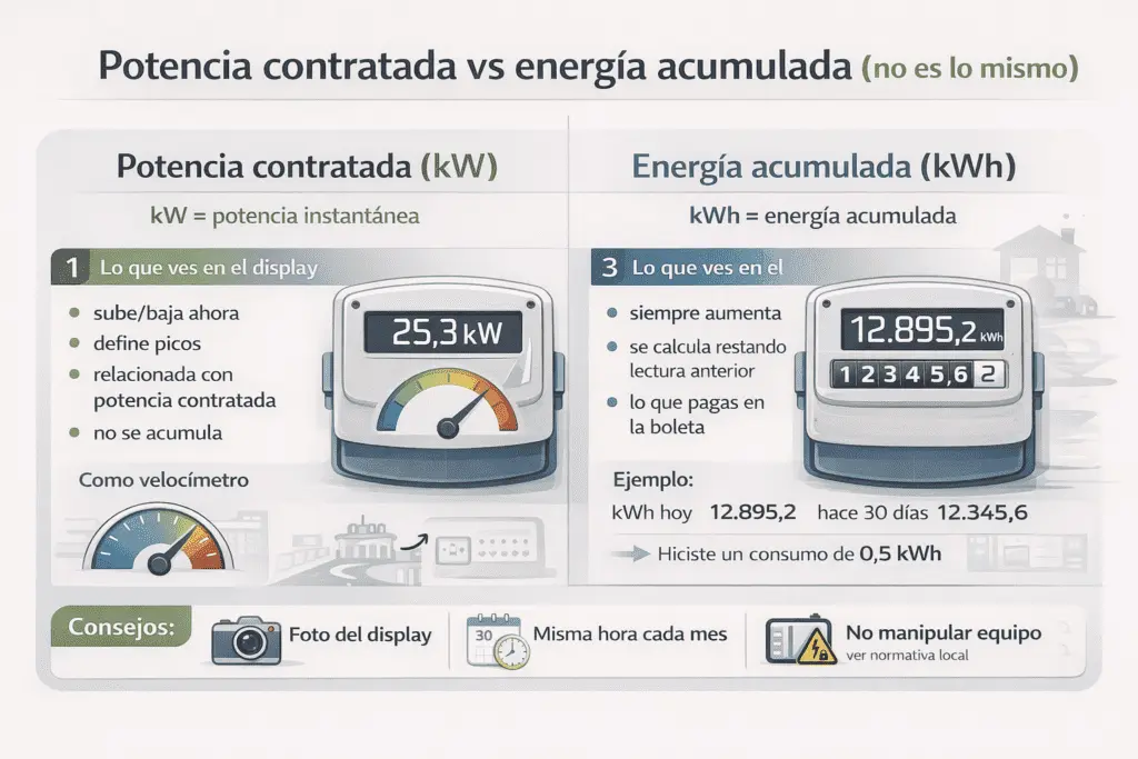 Infografía comparativa en español: potencia contratada (kW) vs energía acumulada (kWh) con ejemplos de pantalla y cálculo básico.
